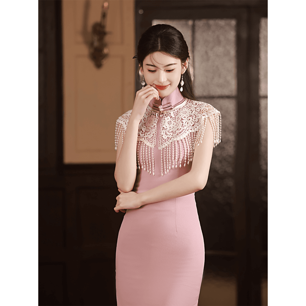 新中式粉色无袖旗袍套装披肩流苏敬酒服新娘订婚结婚礼服裙便装
