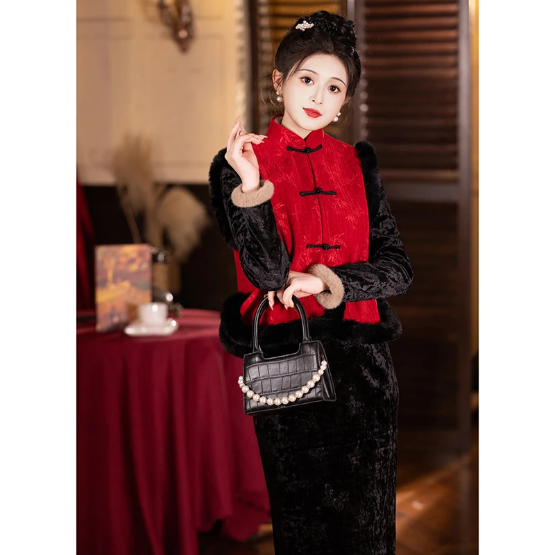 新中式红色马甲旗袍套装秋季冬款加绒厚小袄国风唐装过年战袍订婚