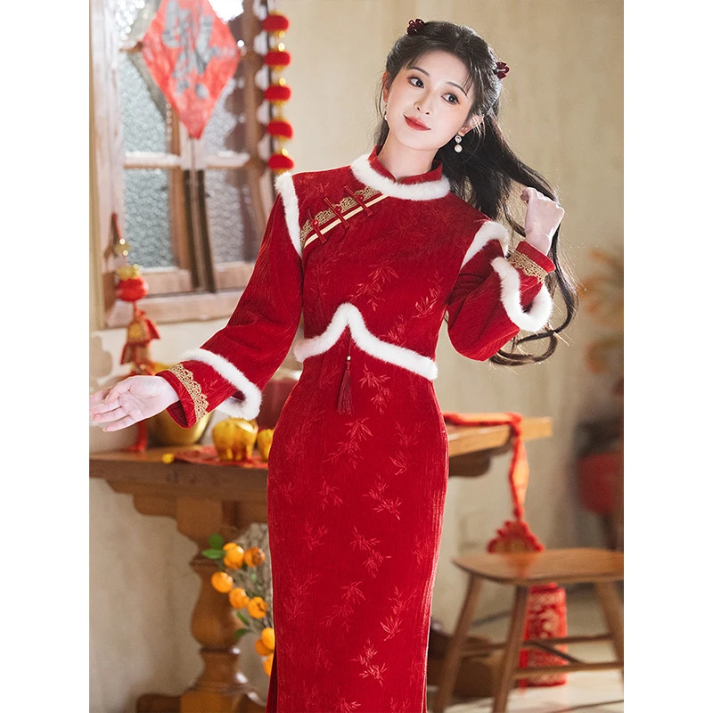 红色旗袍敬酒服订婚礼服新中式加绒冬季过年新年战袍拜年服小个子