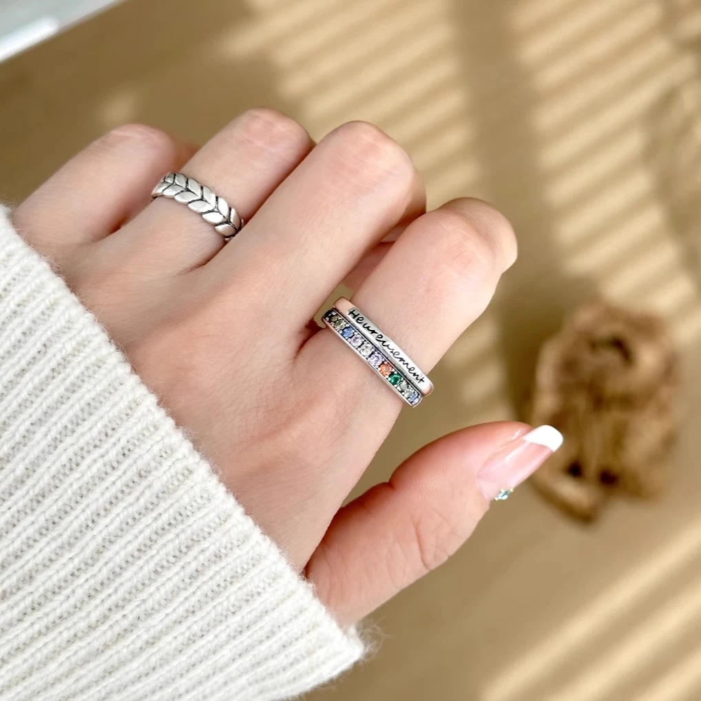 双层彩锆字母麦穗戒指女ins小众设计轻奢高级感开口可调节食指戒