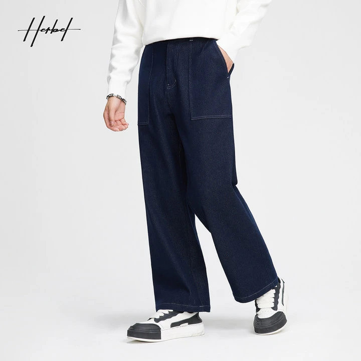 HERBEL/黑白2024春季廓形宽松牛仔裤简约休闲直筒裤男牛仔裤子潮