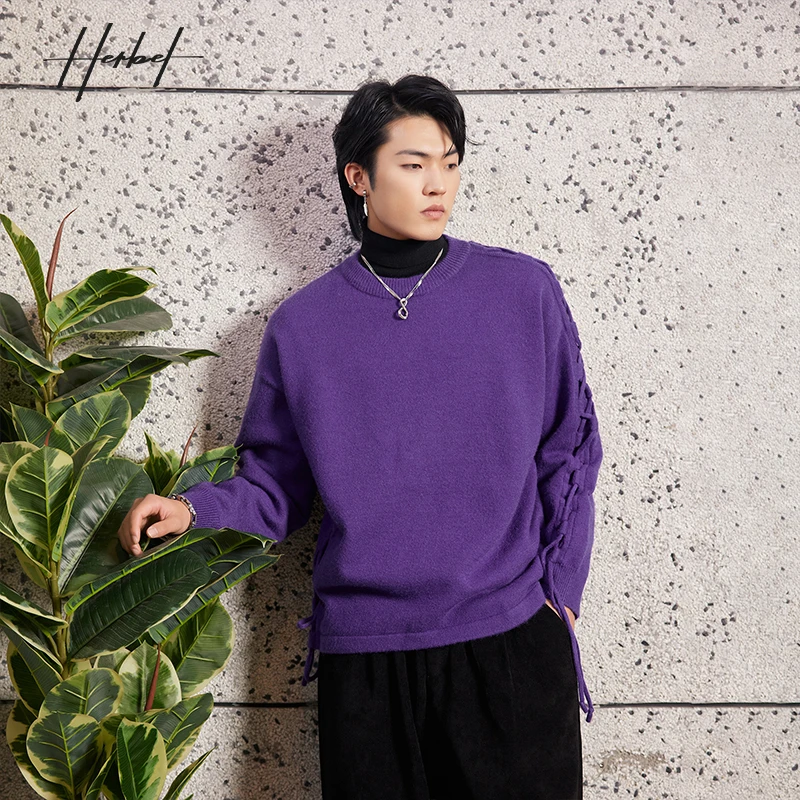 HERBEL/黑白2024春季新款休闲中领毛衣微阔扭花设计感打底上衣潮