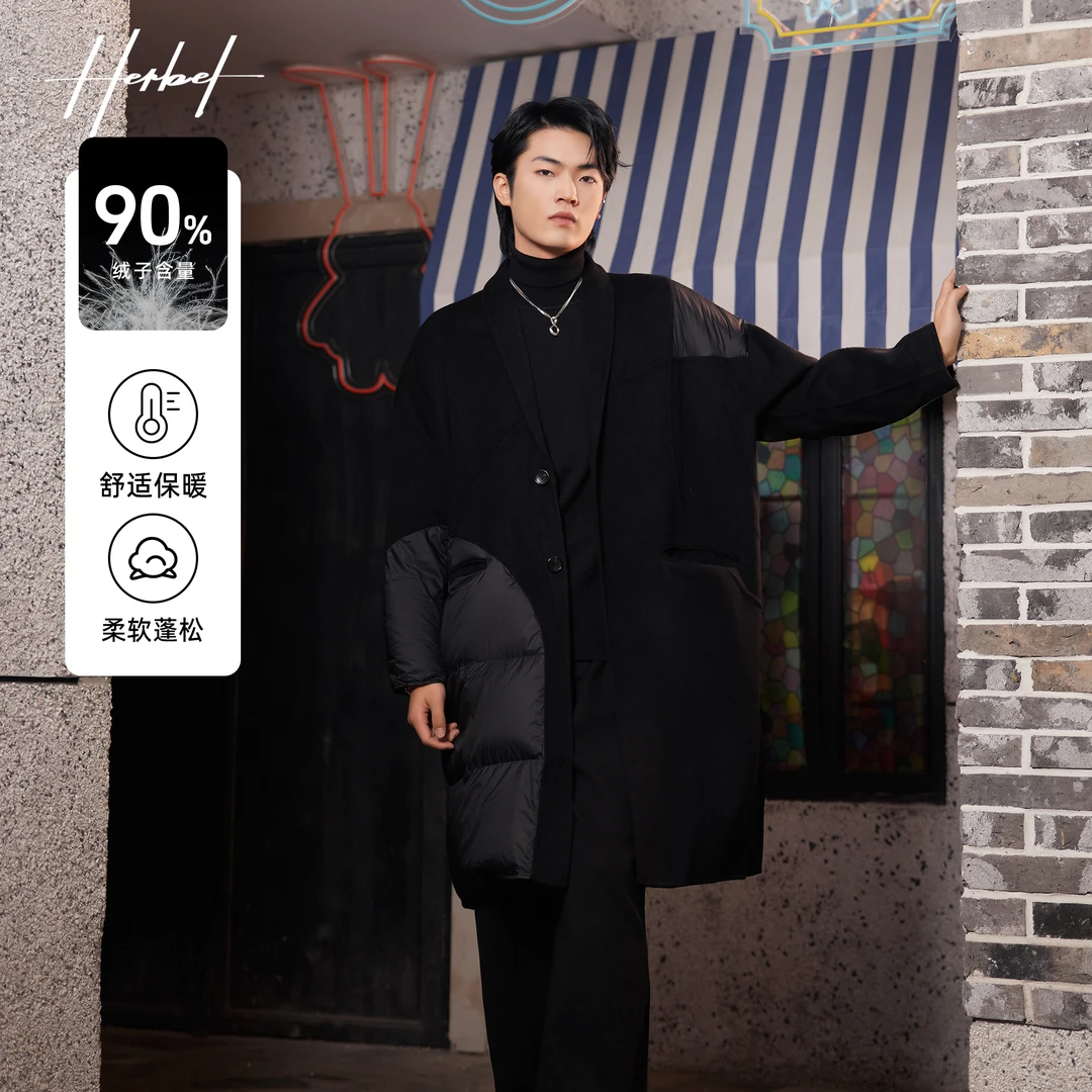 HERBEL/黑白2024冬季时尚绵羊毛呢大衣中长款双面拼接外套设计感