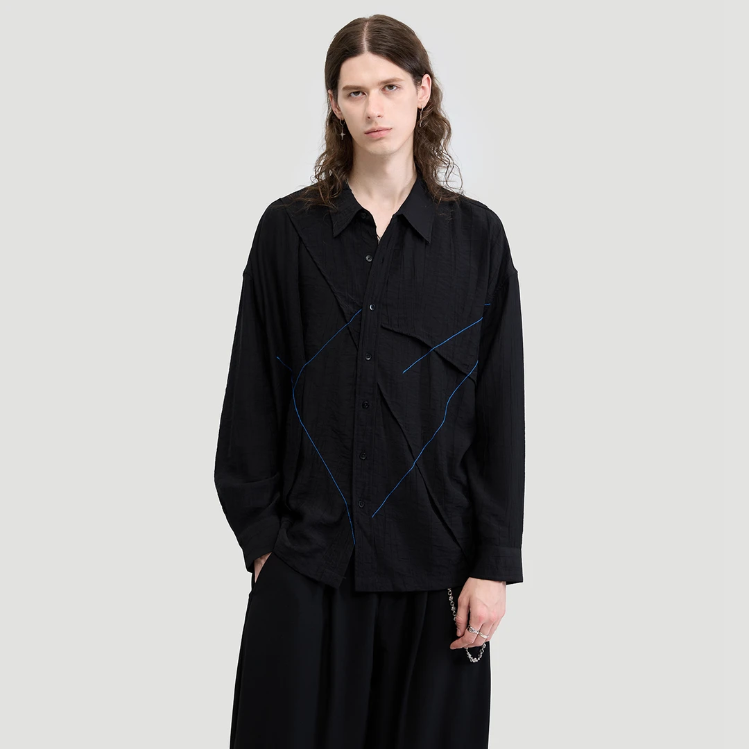 HERBEL/黑白2025秋季黑色印花衬衫条纹翻领百搭长袖男士衬衣长袖