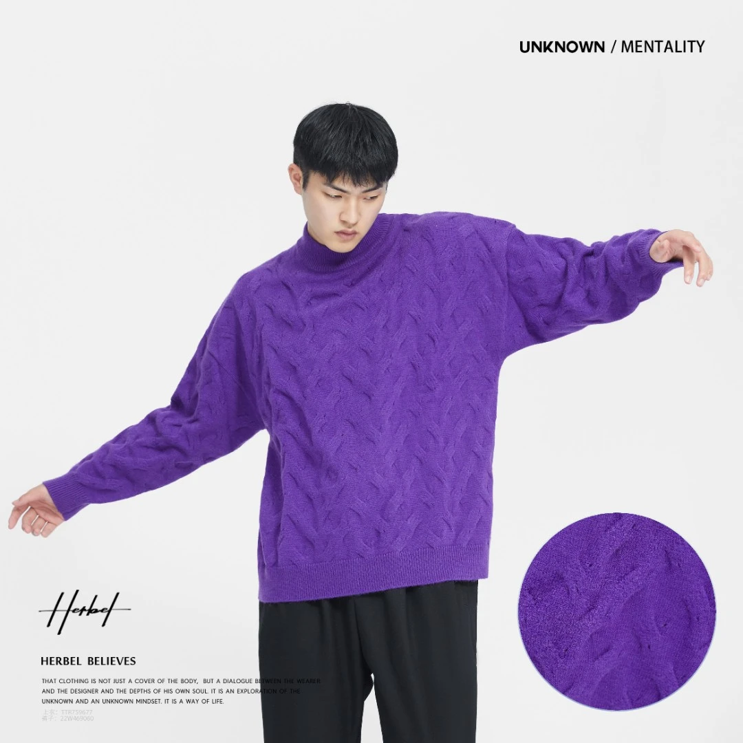 HERBEL/黑白2024春季新品时尚男士休闲风长袖打底中领毛衣简约