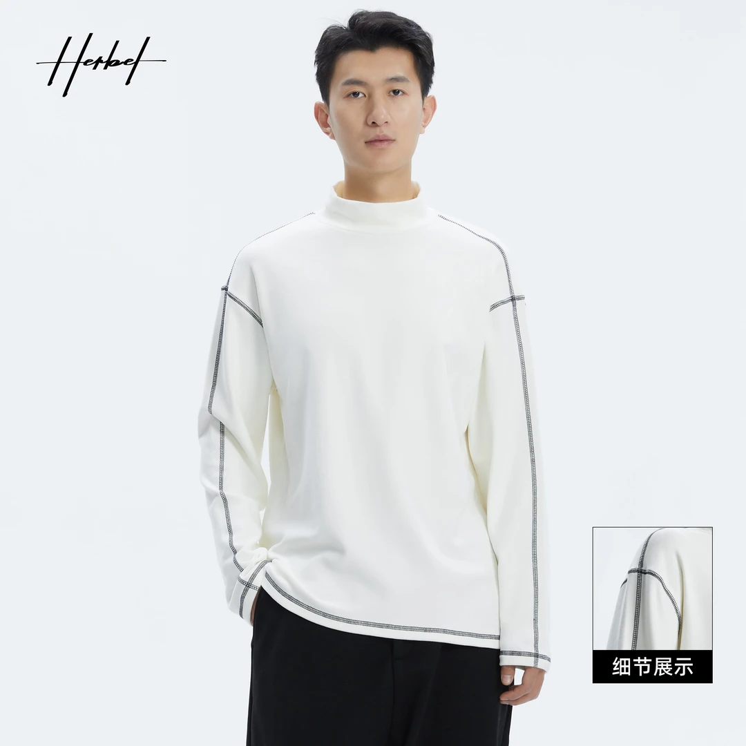 HERBEL/黑白2024春季新款半高领打底衫长袖百搭户外男士针织纯色