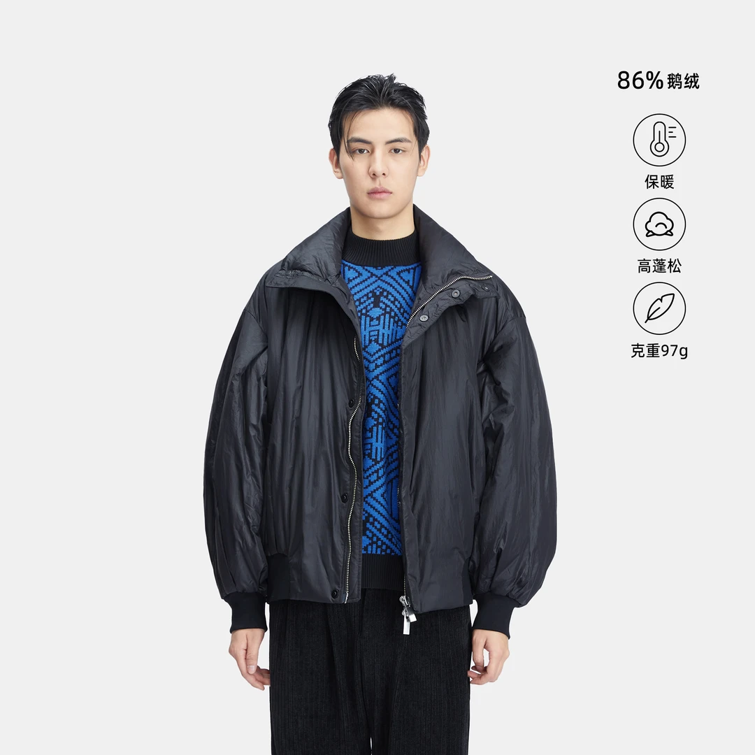 HERBEL/黑白2024冬季可立领短款加厚时尚羽绒服外套保暖蓬松休闲