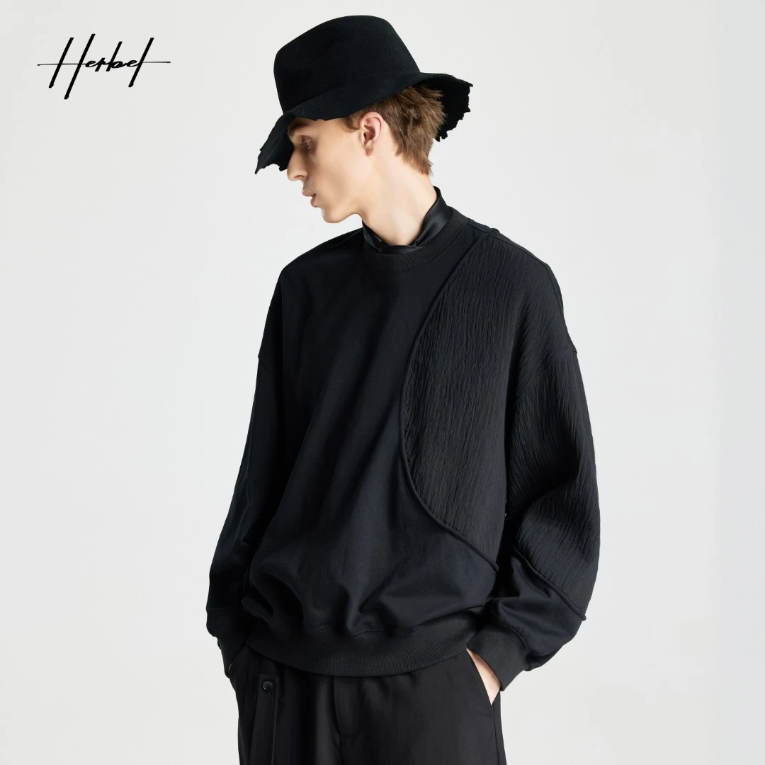 HERBEL/黑白2024春季新款拼接宽松休闲百搭套头潮男卫衣长袖打底