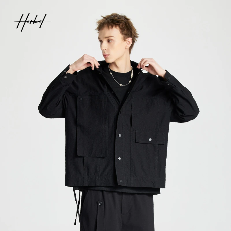 HERBEL/黑白2024春季新款男士休闲宽松工装夹克上衣外套翻领百搭