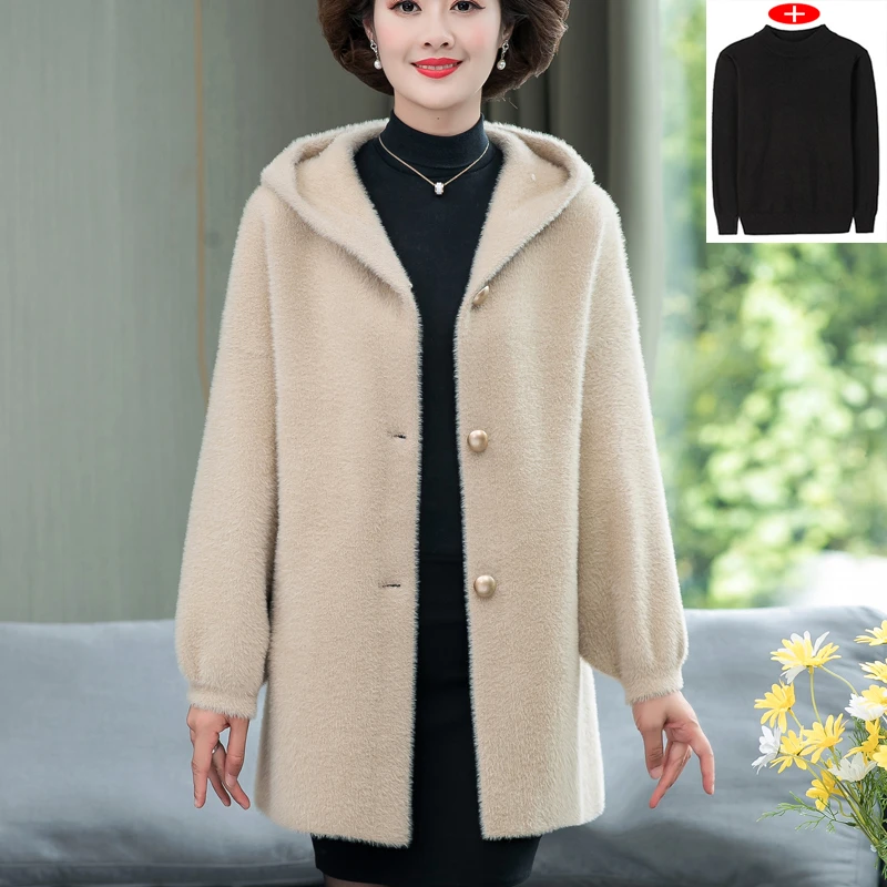 中老年纯色连帽大衣女中长款胖妈妈加肥加大码阔太太加厚毛呢外套