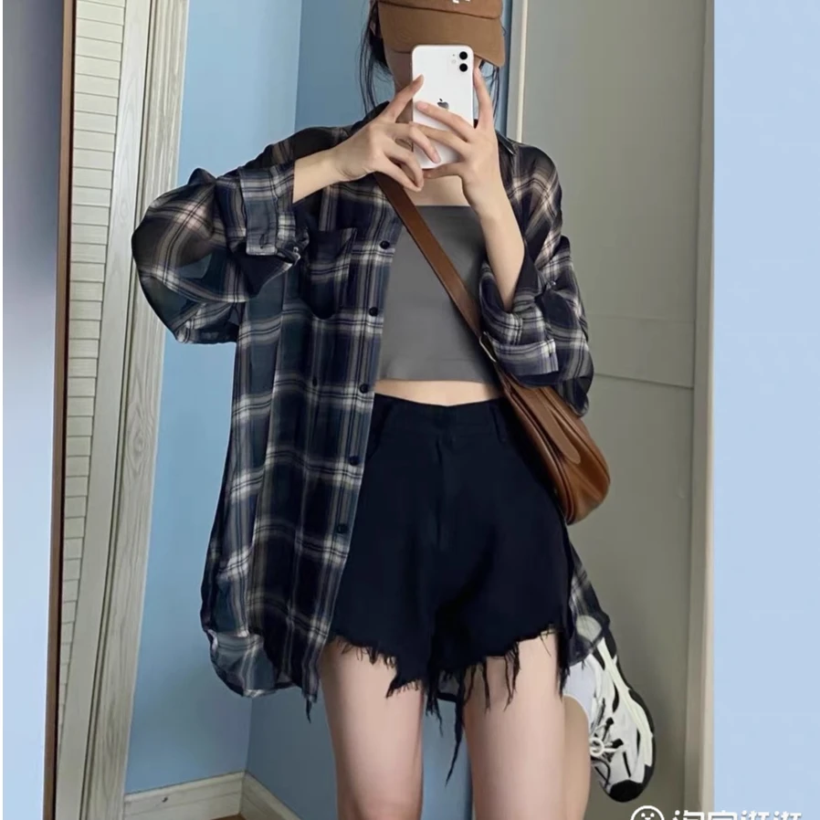 雪纺防晒格子衬衫女薄款夏季复古开衫空调衫清凉长袖宽松百搭韩版