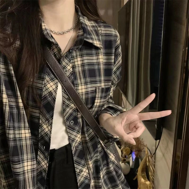 美式复古格子衬衫女春秋2024新款设计感宽松休闲长袖高端衬衣