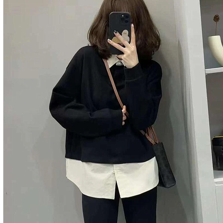 欧货秋季2024新款高级感百搭假两件卫衣女设计感小众拼接衬衫上衣