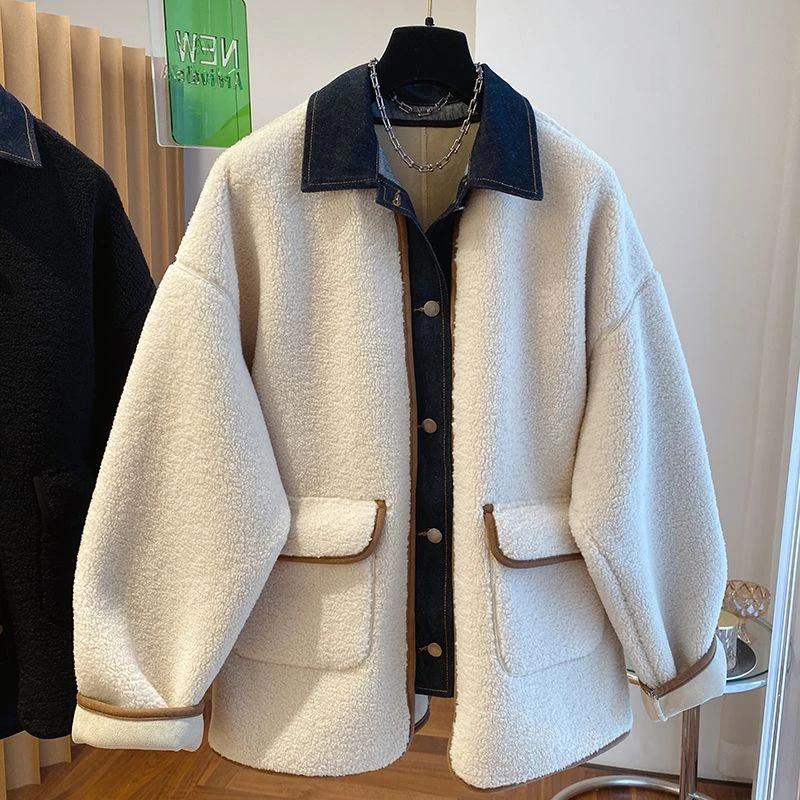 羊羔毛外套女中长款韩版加绒加厚宽松显瘦大码牛仔拼接羊羔绒大衣