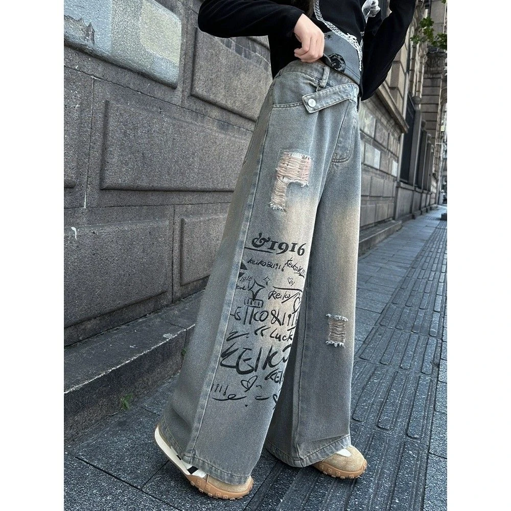 女童牛仔裤春秋季2025新款洋气大童儿童秋装外穿时髦涂鸦休闲裤子