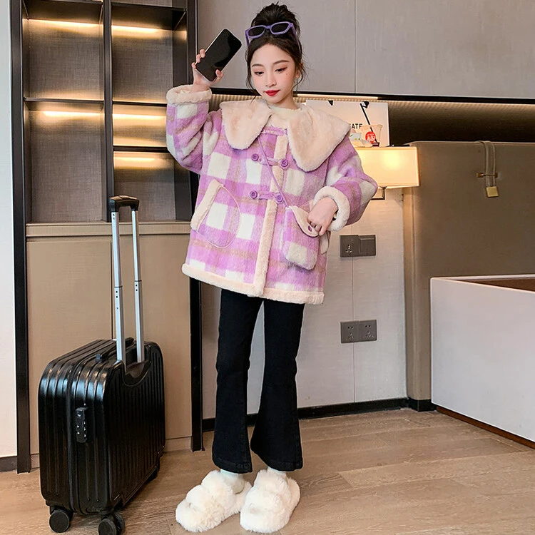 女童呢子外套2025新款秋冬季儿童时髦洋气加绒毛呢大衣女孩冬装潮