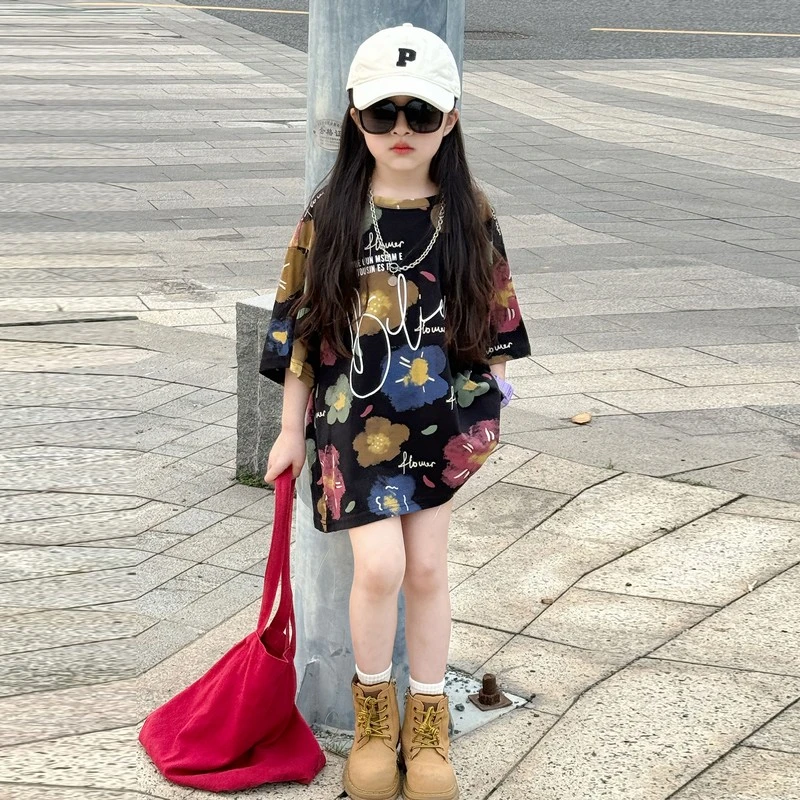 女童夏装2025新款儿童长款t恤短袖女孩夏季上衣韩系童装多巴胺长T