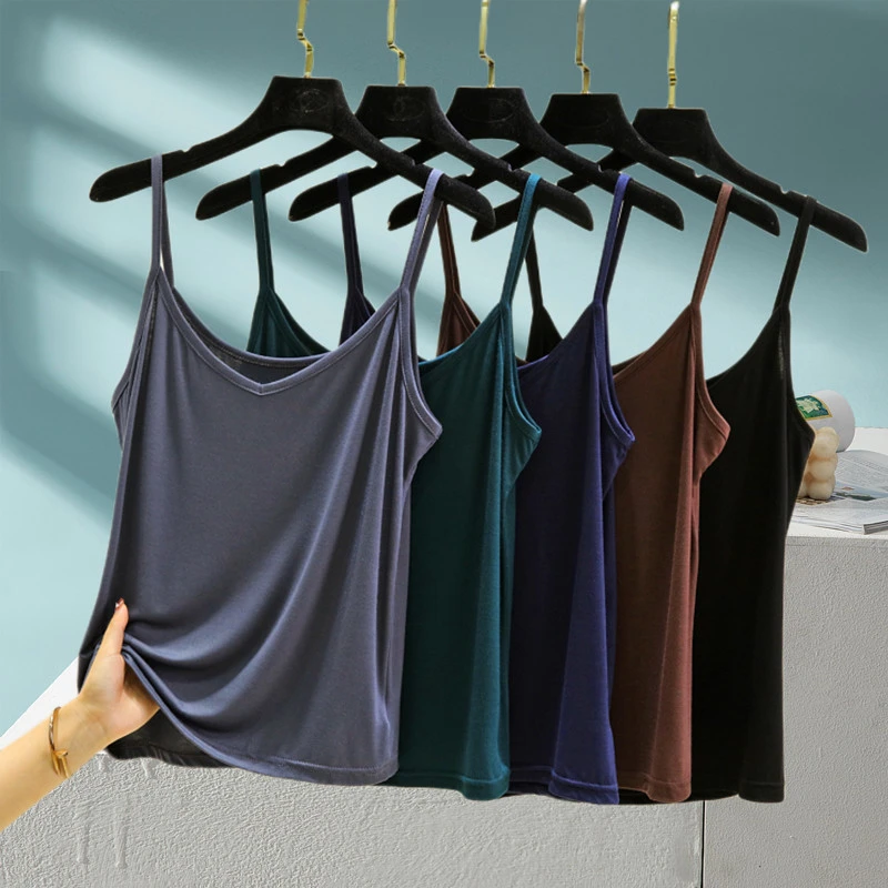 莫代尔v领吊带小背心女士夏季宽松无袖打底薄款自带胸垫内搭上衣