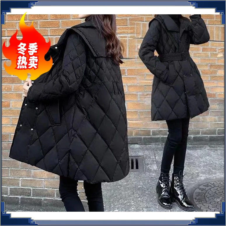 2023新款女装冬季修身收腰中长款羽绒服女黑色显瘦白鸭绒冬季热卖