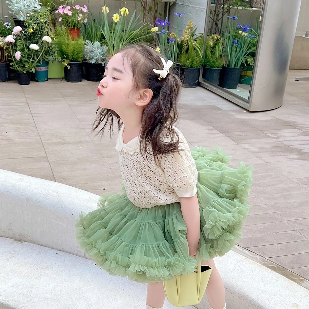 1WWLLkids定制夏装童装女宝宝短袖针织娃娃衫花边上衣女童短袖