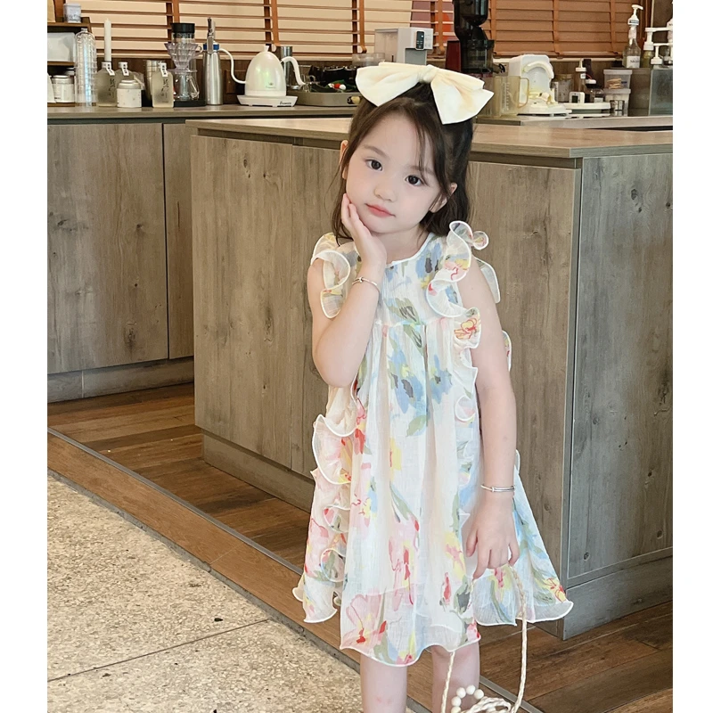 【水色】WWLL定制夏季宝宝连衣裙夏季无袖轻薄碎花仙仙连衣裙