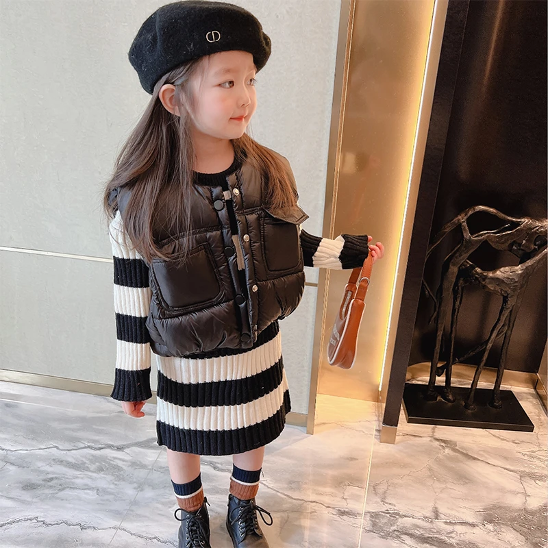 WWLL kids定制 宝宝加棉面包服马甲背心洋气条纹毛线裙打底毛衣