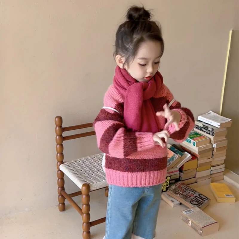 【棉花糖女孩】WWLL定制女宝宝加厚针织衫毛衣女童条纹毛衣慵懒休闲