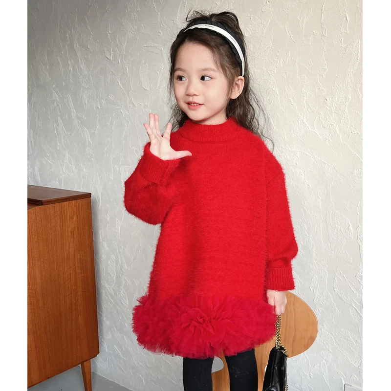 【安妮舞会】WWLL童装2023冬季毛线裙女宝宝毛线裙女童毛衣花边加厚