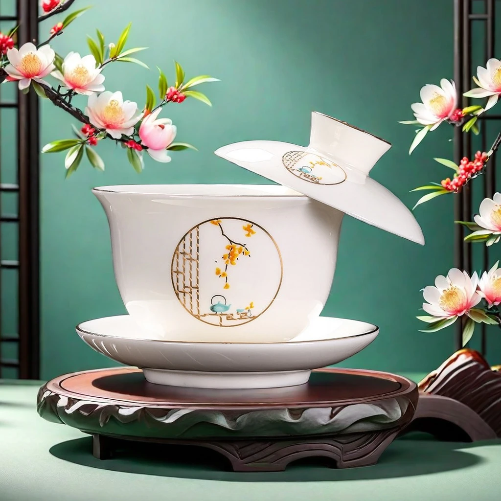 羊脂玉瓷三才盖碗新中式可悬停旋转家用办公茶桌泡茶盖碗简约陶瓷