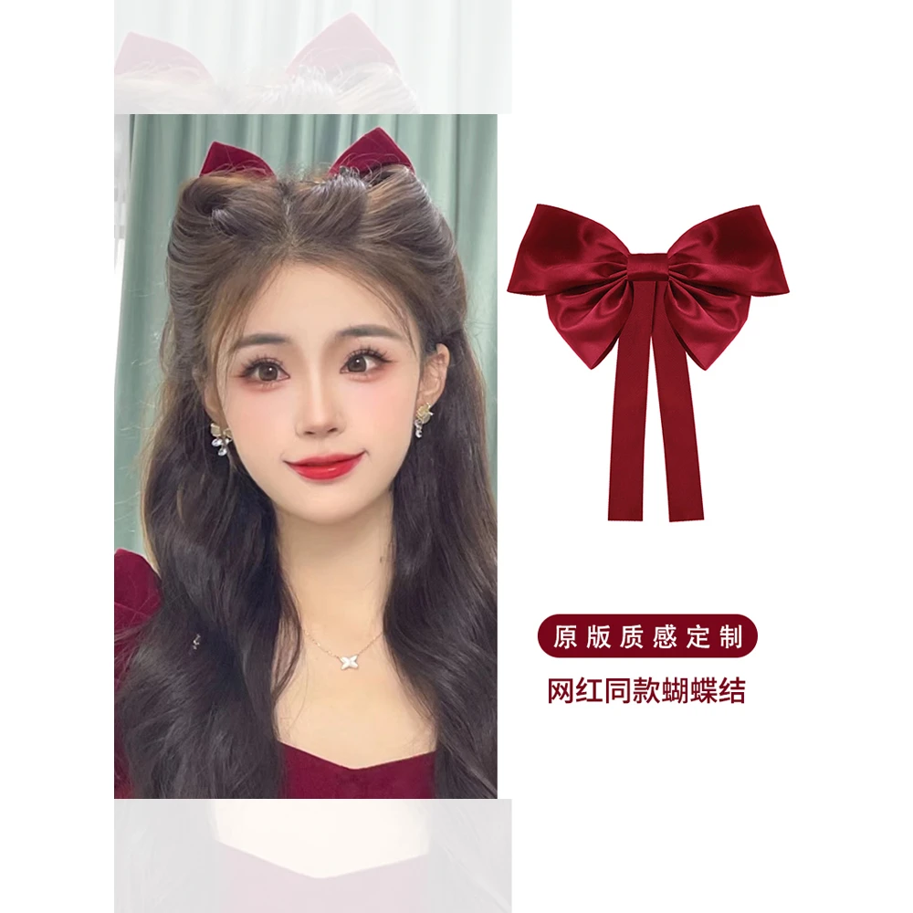 红色立体缎面蝴蝶结夹子头饰圣诞发夹女高级感后脑勺新年顶夹发卡