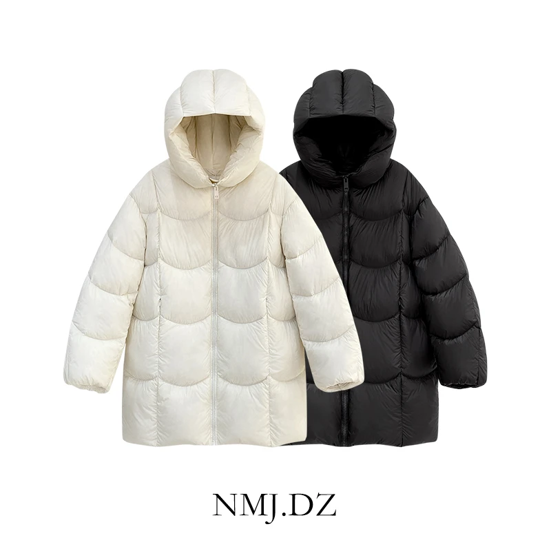 2024新款韩系连帽花苞帽茧型中长款羽绒服女冬季加厚简约90白鸭绒