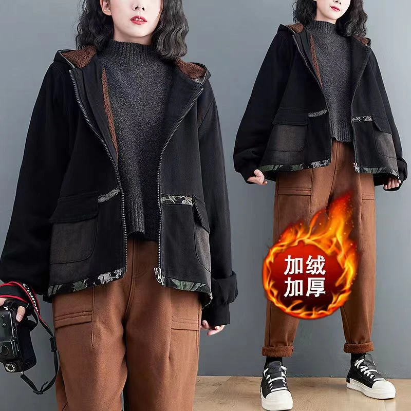 品牌撤柜清仓 大码棉衣外套女 加绒加厚宽松连帽