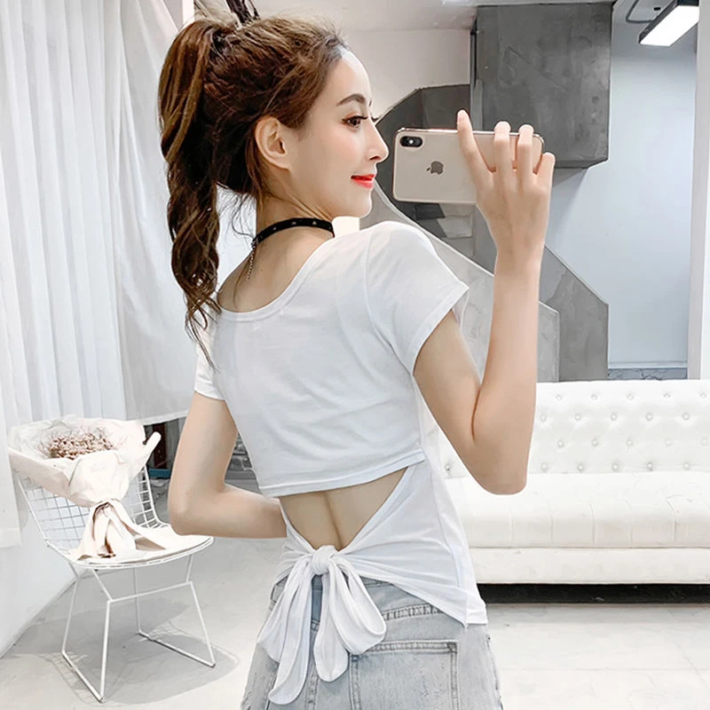 2025新款夏修身显瘦t恤女短袖镂空设计感小心机露背蝴蝶结上衣女