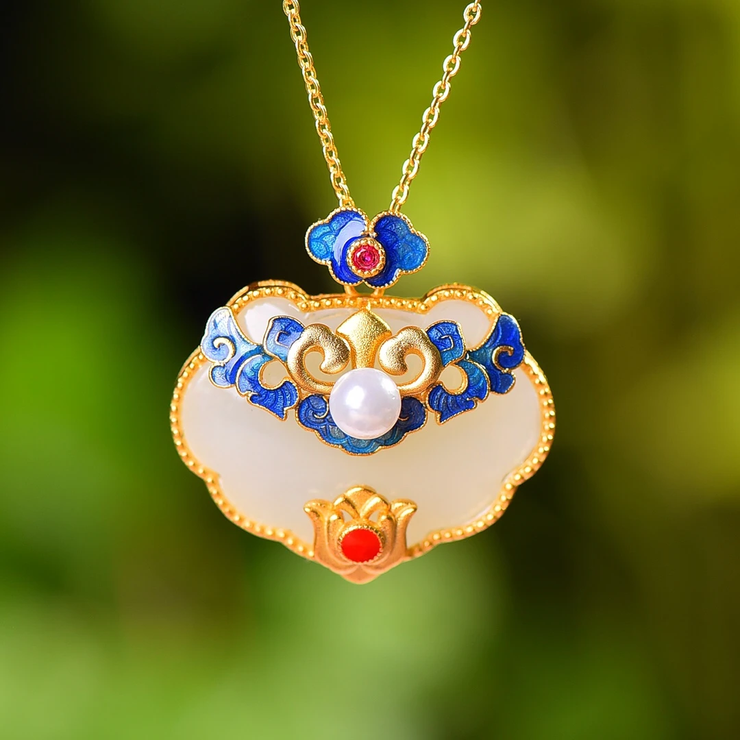 福利和田玉公主风S925银镶和田玉如意百福锁如意锁珐琅银镶嵌吊坠