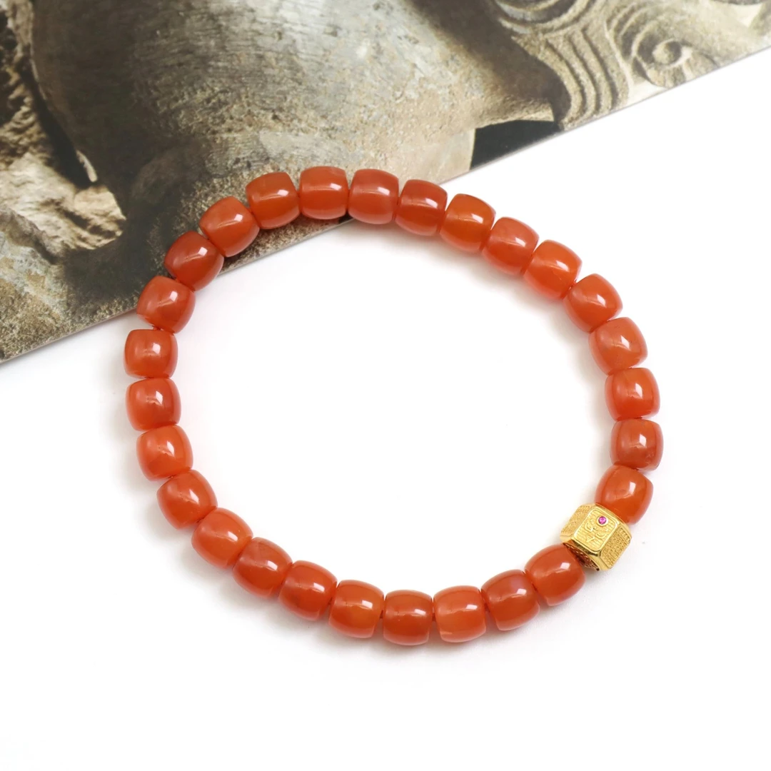 【原创】保山南红鎏金配饰7mm直切手串