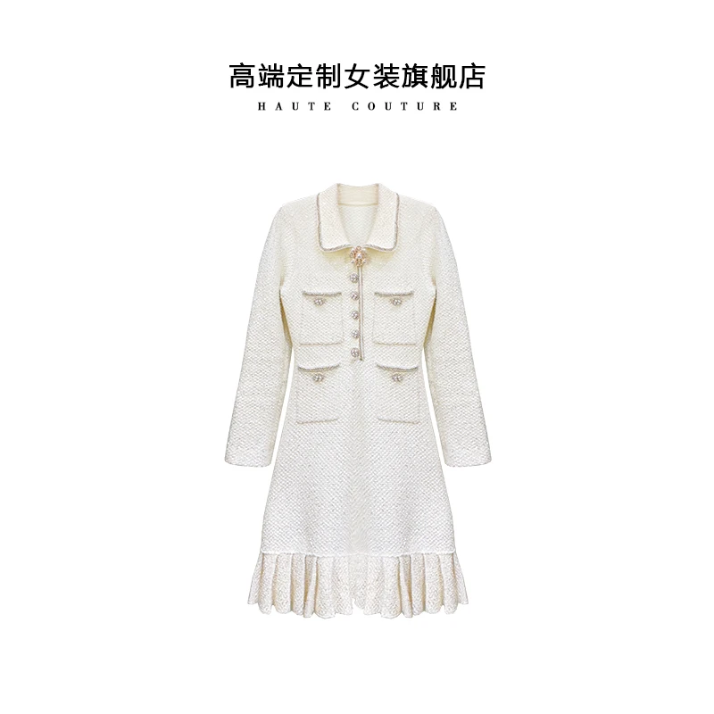 【筱翊定制】秋冬轻奢名媛千金手工钻饰扣翻领小香风针织连衣裙