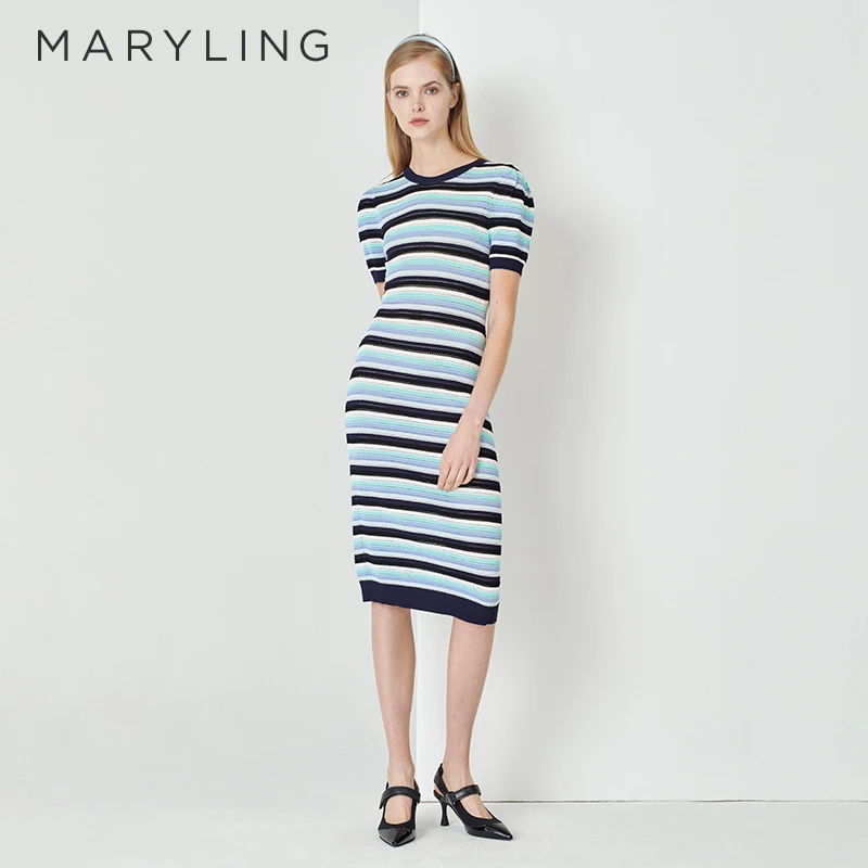 MARYLING玛俪琳春夏季蓝绿海盐冰淇淋条纹针织连衣裙A1DCW04700