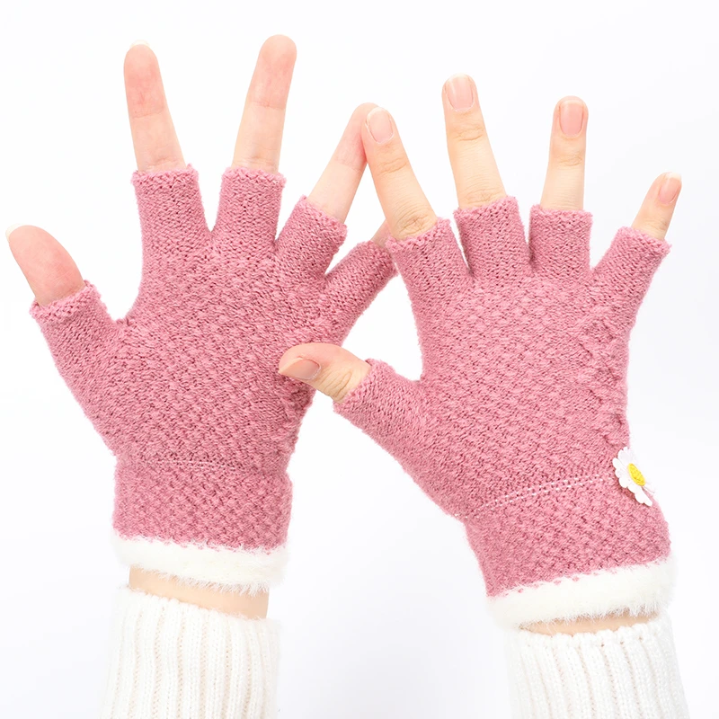 小雏菊半指手套女冬季保暖加厚露指手套中童大童初中学生半截手套