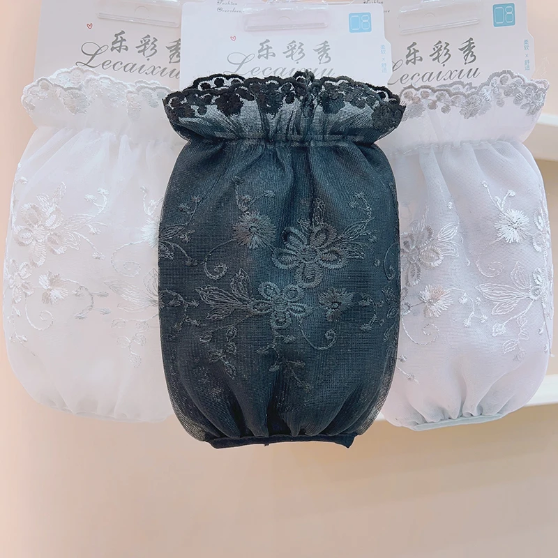 双层网纱蕾丝袖套女秋冬防脏套袖成人学生袖筒黑白米色透明护袖头