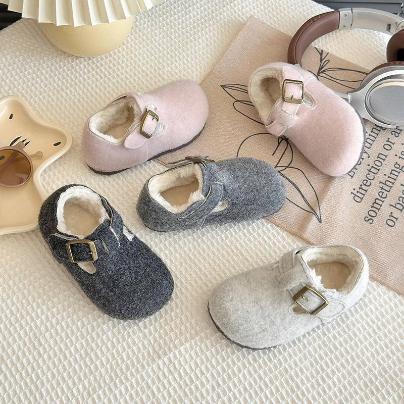 儿童勃肯鞋加绒棉鞋女童呢子豆豆鞋冬季保暖毛毛鞋男童休闲鞋软底