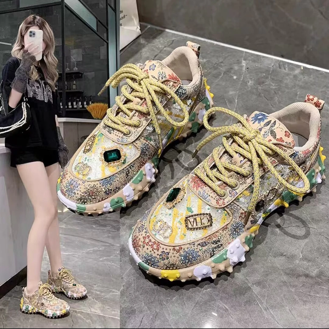 【欧洲站】2023夏季新款水钻榴莲底时尚百搭冰丝网面透气舒适防滑