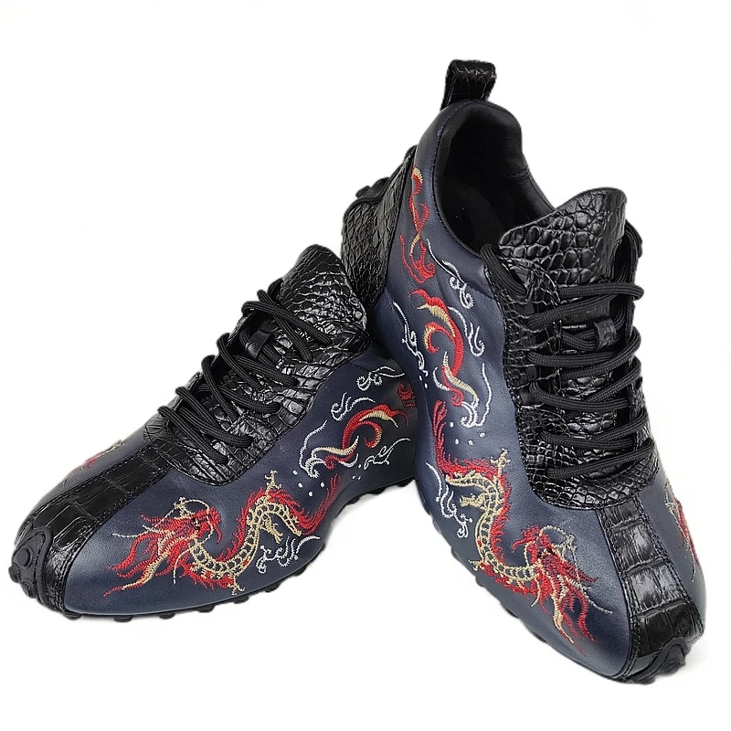 国潮龙纹刺绣男士鳄鱼腹皮包底休闲鞋