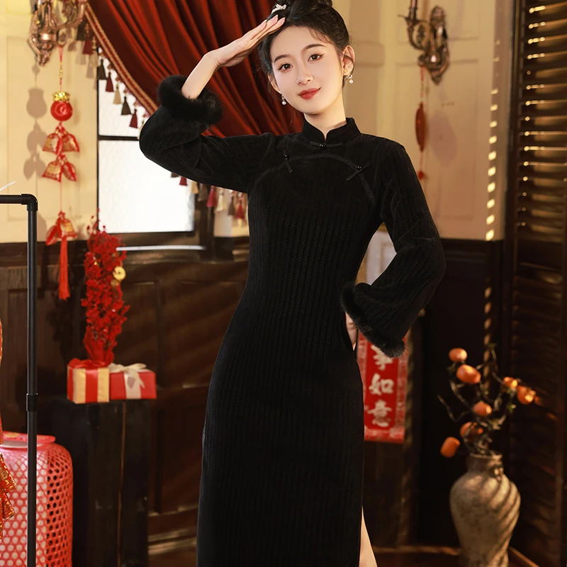 云裳-2024冬季新款加绒加厚气质小个子中长款旗袍裙