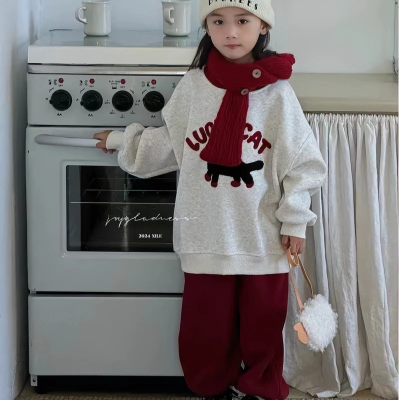 110-150 喜乐24秋冬新款男女中大童加绒加厚韩版洋气卫衣卫裤套装