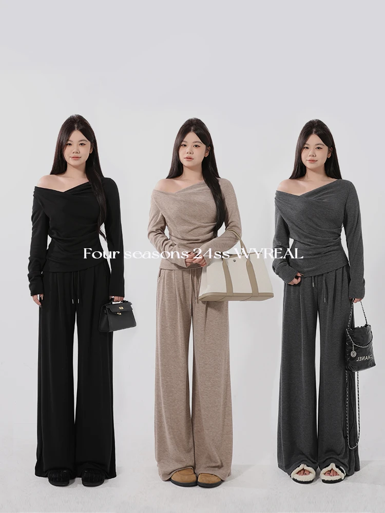 WY real 雯瑶“斜肩套装”慵懒斜肩上衣遮胯直筒抽绳裤磨毛针织套装