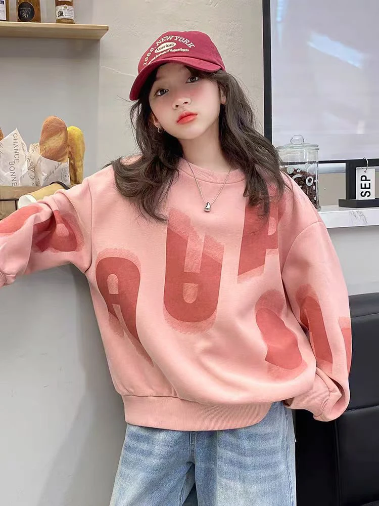 韩版潮流休闲卫衣儿童女童长袖时尚百搭加绒印花圆领洋气宽松