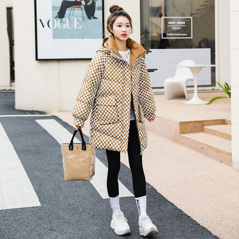 冬季保暖棉服中长款加厚格子秋冬棉衣女宽松韩版女士棉袄外套潮