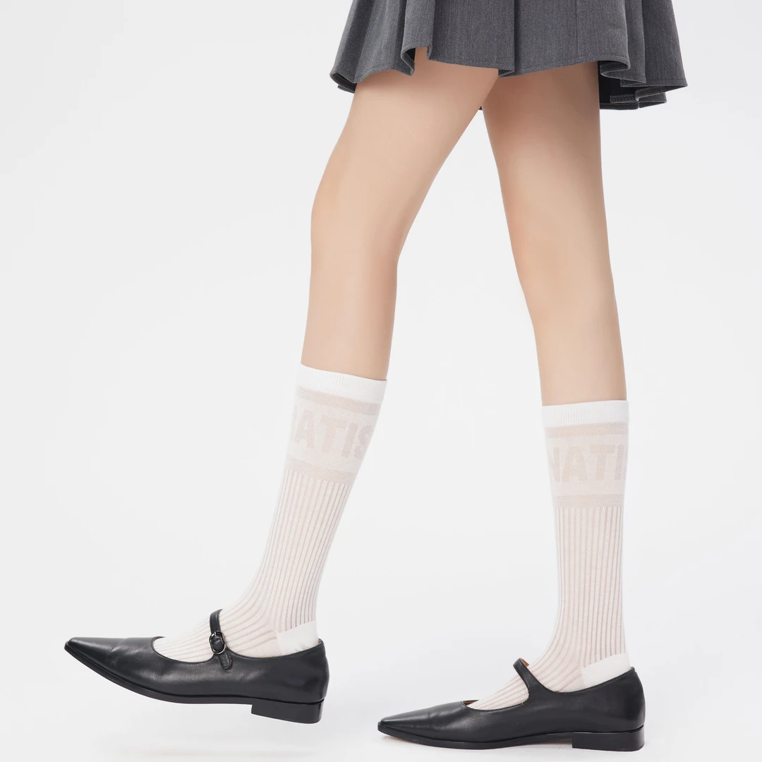 PM春夏薄款袜子女白色配玛丽珍爆款字母纯色无骨中筒长袜时尚百搭