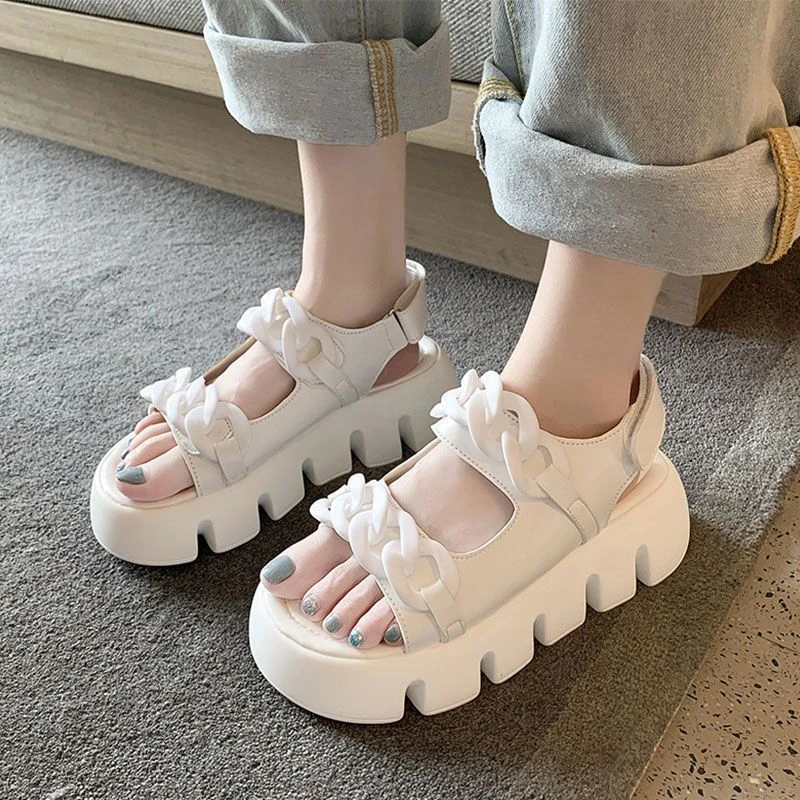 软皮复古编织凉鞋女2024年夏季新款魔术贴休闲松糕厚底防滑罗马鞋