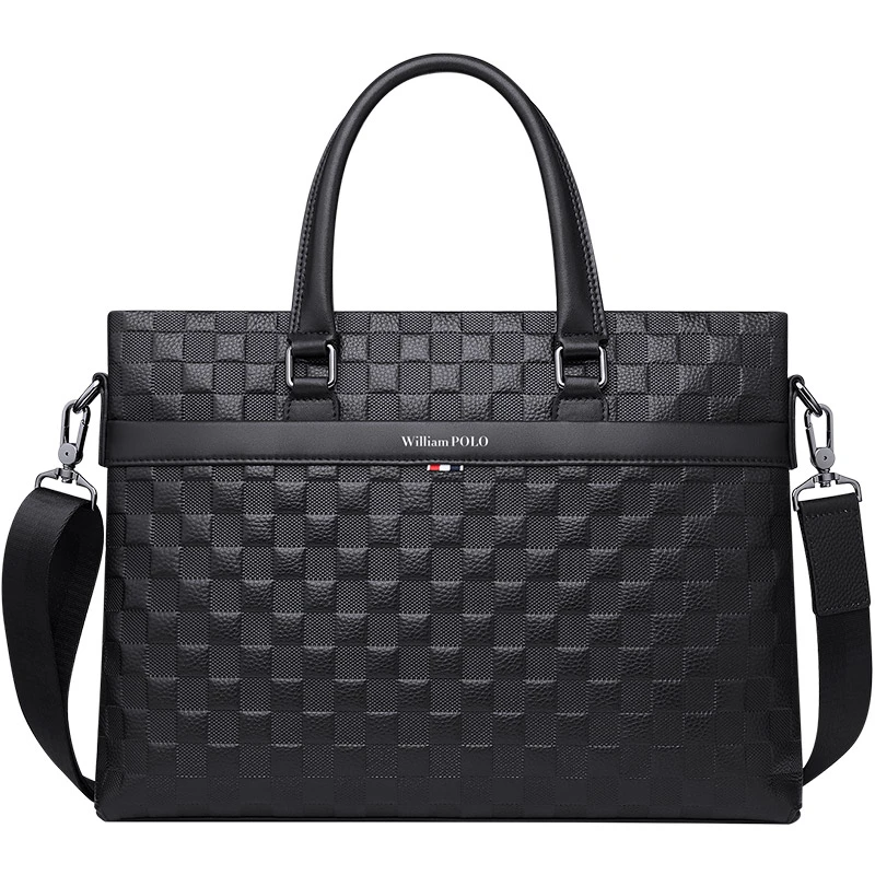 保罗高档轻奢格子真皮牛皮公文包男士商务手提包电脑包文件包肩包